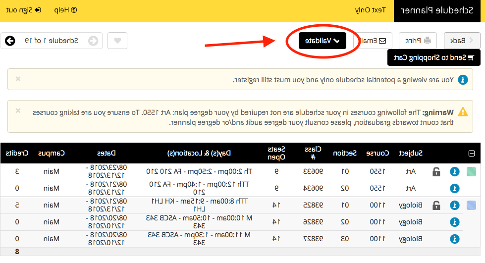 Screenshot of Schedule Planner - Validate Schedule button highlighted