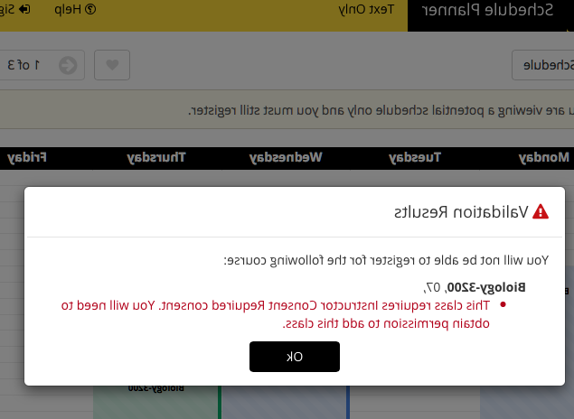 Screenshot of Schedule Planner - Unsuccessful Validate Schedule - requires instructor consent